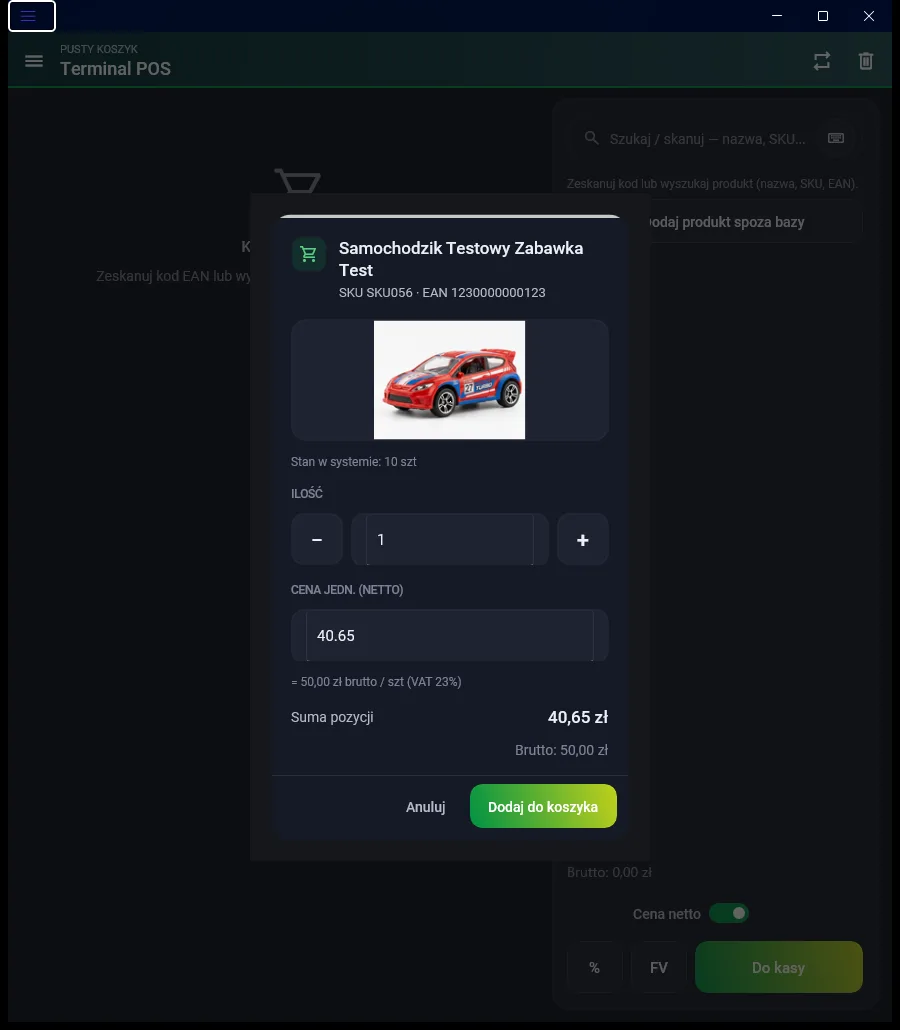 Terminal POS dla Sellasist — okno znalezionego produktu z ilością i ceną